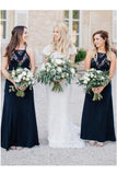 Chic Elegant A-line Navy Blue Lace Chiffon Long Simple Bridesmaid Dresses For Women Rjerdress