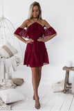 Chic Halter Backless Burgundy Chiffon Off the Shoulder Homecoming Dress with Ruffles RJS678