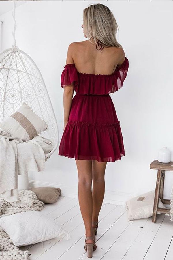 Chic Halter Backless Burgundy Chiffon Off the Shoulder Homecoming Dress with Ruffles RJS678 Rjerdress