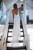 Chic Ivory Mermaid V-Neck Open Back Lace Long Sleeveless Beach Wedding Dresses Rjerdress