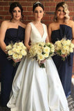 Chic Ivory Satin V Neck Wedding Dresses Open Back Modest Ball Gown Wedding Dress W1046 Rjerdress
