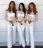 Chic Lace & Chiffon Off The Shoulder Long Sleeves Jumpsuit Bridesmaid Dresses, Wedding Party Pants Rjerdress
