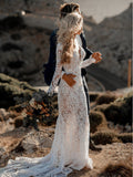 Chic Lace V Neck Long Sleeve Mermaid Rustic Backless Wedding Dresses