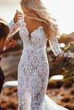 Chic Lace V Neck Long Sleeve Mermaid Rustic Backless Wedding Dresses Rjerdress