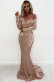 Chic Off the Shoulder Long Sleeves V Neck Long Sequin Mermaid Prom Dresses