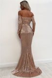 Chic Off the Shoulder Long Sleeves V Neck Long Sequin Mermaid Prom Dresses Rjerdress