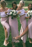 Chic Pink Short Sleeve Lace Side Slit Off the Shoulder Two Piece Bridesmaid Dresses Rjerdress