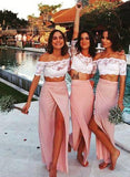 Chic Pink Short Sleeve Lace Side Slit Off the Shoulder Two Piece Bridesmaid Dresses