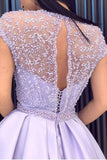 Chic Satin Short Sleeve Scoop Split Beads Purple Slit Open Back Long Prom Dresses RJS61 Rjerdress