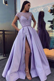 Chic Satin Short Sleeve Scoop Split Beads Purple Slit Open Back Long Prom Dresses RJS61