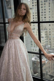 Chic Sparkly Deep V Neck Straps Wedding Dress Sequin Long Prom Dresses RJS781