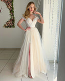 Chic Tulle A Line Off The Shoulder Prom Dress With Appliques, Slit Evening Dress