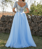 Chic Tulle A Line Off The Shoulder Prom Dress With Appliques, Slit Evening Dress Rjerdress