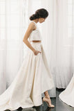 Chic Two Pieces Satin Ivory High Neck High Low Wedding Dresses With Pockets