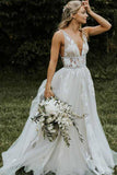 Chic V Neck Lace Appliques V Back Straps Beach Wedding Dresses with Appliques Lace up Rjerdress
