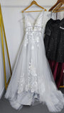 Chic V Neck Lace Appliques V Back Straps Beach Wedding Dresses with Appliques Lace up Rjerdress