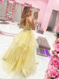 Chic V Neck Tulle Sparkly Applique Ball Gown Asymmetrical Backless Prom Dresses Rjerdress
