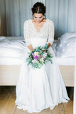 Chiffon 3/4 Sleeves Beach Wedding Dress With Lace, V Neck Backless Bride Dress Rjerdress