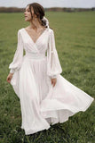 Chiffon Beach Wedding Dresses Puff Sleeve Vintage Bride Dresses V Neck Boho Wedding Gowns Rjerdress
