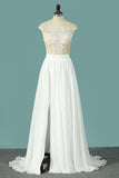 Chiffon Bridal Dresses Scoop Cap Sleeves With Applique And Slit Rjerdress