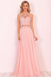 Chiffon Halter Open Back Formal Dresses With Beads And Embroidery A Line