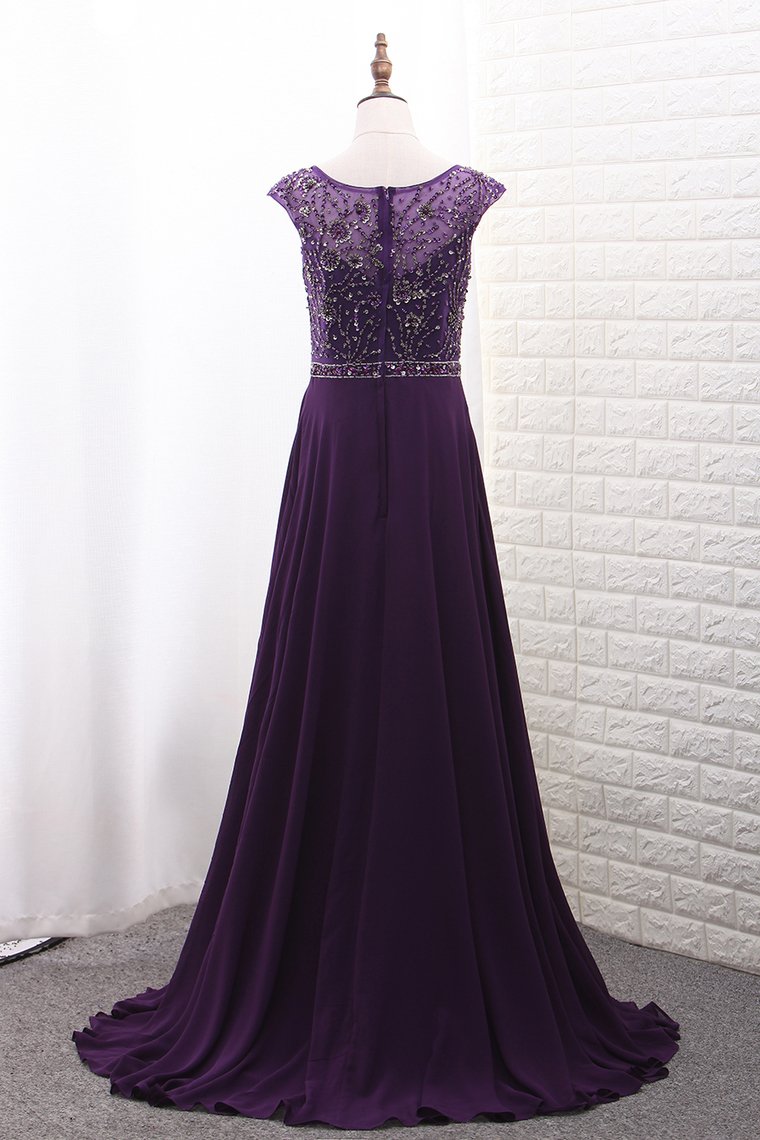 Chiffon Mother Of The Bride Dresses Scoop A Line With Beads Bodice Sweep Train Rjerdress