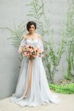 Chiffon Off The Shoulder With Split And Ruffles A Line Wedding Dresses