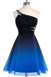 Chiffon One Shoulder Blue Beads Short Graduation Dresses, A line Homecoming Dresses Rjerdress