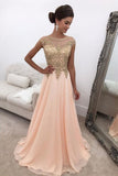 Chiffon Prom Dresses A Line Scoop With Applique Sweep Train Rjerdress