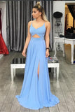 Chiffon Spaghetti Straps A Line Prom Dresses With Slit Open Back Rjerdress