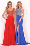 Chiffon Straps Beaded Bodice A Line Open Back Sweep Train Formal Dresses Rjerdress