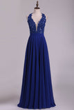 Chiffon V Neck A Line With Applique And Beads Party Dresses Open Back Rjerdress