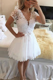 Chiffon V Neck Short Sleeves With Applique A Line Homecoming Dresses Rjerdress