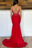 Classic Spandex Red Mermaid Spaghetti Straps Beaded Long Prom Dress with Slit Rjerdress