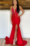 Classic Spandex Red Mermaid Spaghetti Straps Beaded Long Prom Dress with Slit