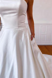 Classic Strapless Satin Sweep Train Lace Appliques Wedding Dresses With Pockets Rjerdress