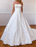 Classic Strapless Satin Sweep Train Lace Appliques Wedding Dresses With Pockets