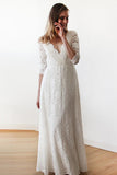 Classy Simple Half Sleeves V-neck Flooe Length Beach Wedding Dresses Rjerdress