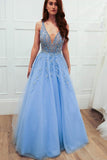 Classy Sky Blue Long Lace Appliques V Neck Tulle Princess Prom Dresses