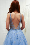 Classy Sky Blue Long Lace Appliques V Neck Tulle Princess Prom Dresses Rjerdress