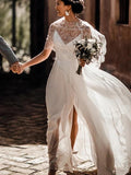 Convertible Two Piece Lace Chiffon Spaghetti Straps Beach Wedding Dresses With Split Rjerdress