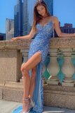 Crystal Mermaid Backless V Neck Front Split Spaghetti Straps Prom Dresseses RJS102