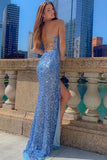 Crystal Mermaid Backless V Neck Front Split Spaghetti Straps Prom Dresseses RJS102 Rjerdress