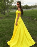 Custom Made A Line Off the Shoulder Satin High Slit Yellow Prom Dresses, Cheap Long Formal Dresses Rjerdress