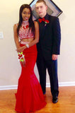 Custom Made Gorgeous Two Pieces Beading Chiffon Mermaid Prom Dresses Formal Red Evening Dresses