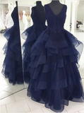 Custom Made Navy Blue Appliques Beaded V-Neck High Quality Prom Dresses RJS757