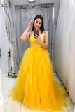 Custom Made Yellow Spaghetti Straps Sleeveless Backless Sweetheart Prom Dresses Rjerdress