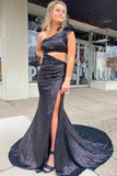 Cut-out Sequin Sheath One Shoulder Feathers Long Prom Dress With Slit