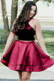 Cute A Line Burgundy Taffeta Two Pieces Halter Homecoming Dresses with Pockets RJS978