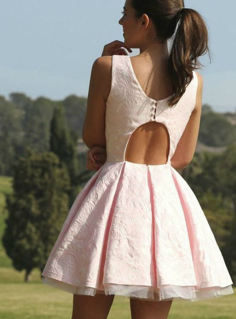 Cute A Line Lace Scoop Pink Short Prom Dresses Homecoming Dresses H1281 Rjerdress